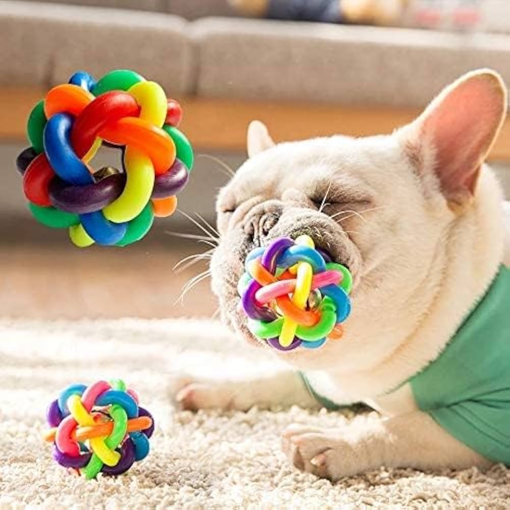 Teether ball with bell- pet-cats-dogs-toy-ball-teether-bell-colourful-extra-tough-non-toxic rubber