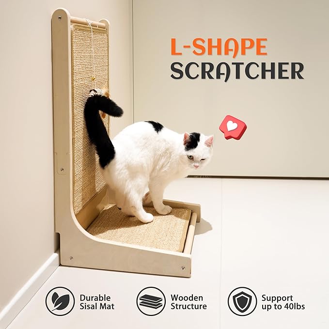 Cat Rectangle Scratchboard with Toy-wooden-cat-scratching-post-board-L-shape- feathered mouse toy- natural sisal- easy to use