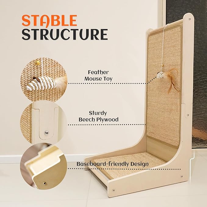 Cat Rectangle Scratchboard with Toy-wooden-cat-scratching-post-board-L-shape- feathered mouse toy- natural sisal- easy to use