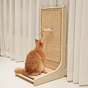 Cat Rectangle Scratchboard with Toy-wooden-cat-scratching-post-board-L-shape- feathered mouse toy- natural sisal- easy to use