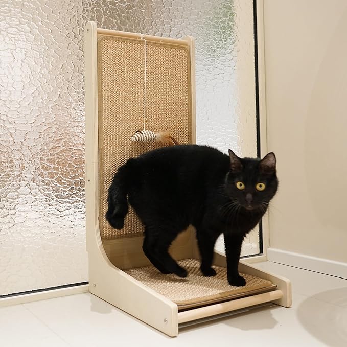 Cat Rectangle Scratchboard with Toy-wooden-cat-scratching-post-board-L-shape- feathered mouse toy- natural sisal- easy to use
