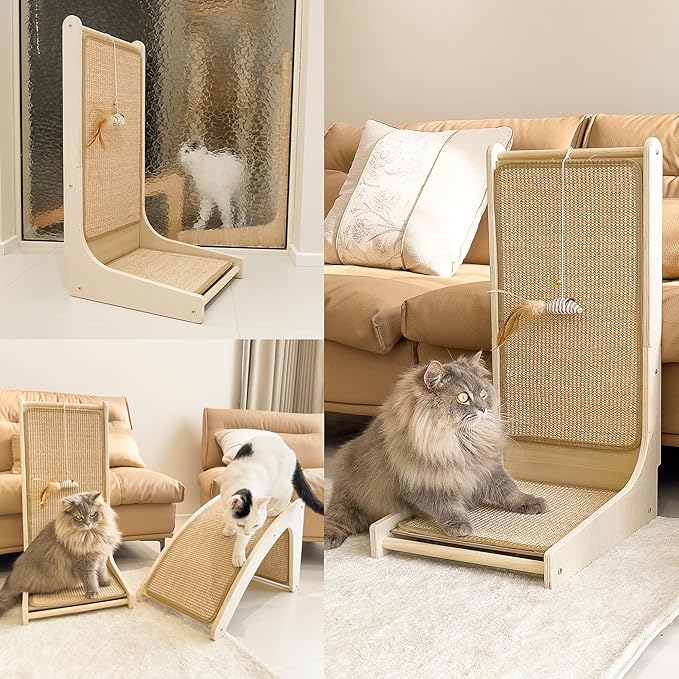 Cat Rectangle Scratchboard with Toy-wooden-cat-scratching-post-board-L-shape- feathered mouse toy- natural sisal- easy to use