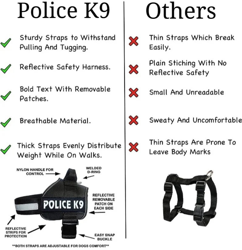 Police K9 Harness-tactical-training-harness-pets-dogs-training-walking-hiking-heavy duty-stainless steel-police k9 patches-waterproof-washable-soft mesh padding-anti chafing