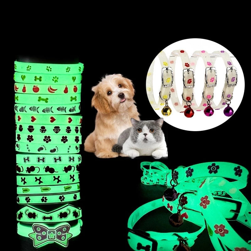 Glow in the dark pet collar with bells. Cat-collar-bell-glow in the dark-silicone-adjustable-seat-proof-scratch-resistant-luminous