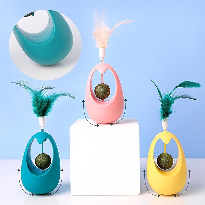 Interactive Pear shaped tumbler toy with feather and catnip ball. Cat-toy-pear-shaped-tumbler-feather-catnip-ball-interactive.