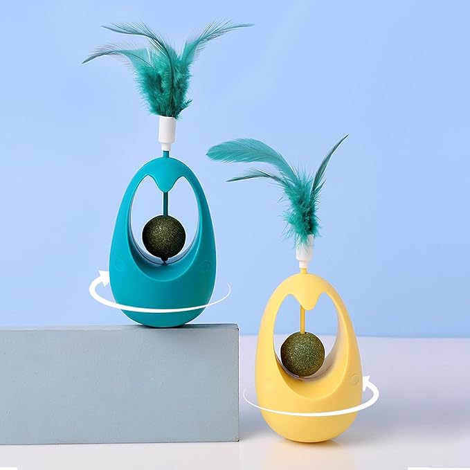 Interactive Pear shaped tumbler toy with feather and catnip ball. Cat-toy-pear-shaped-tumbler-feather-catnip-ball-interactive.