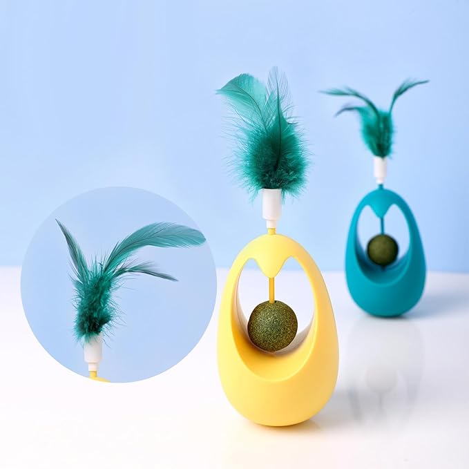 Interactive Pear shaped tumbler toy with feather and catnip ball. Cat-toy-pear-shaped-tumbler-feather-catnip-ball-interactive.