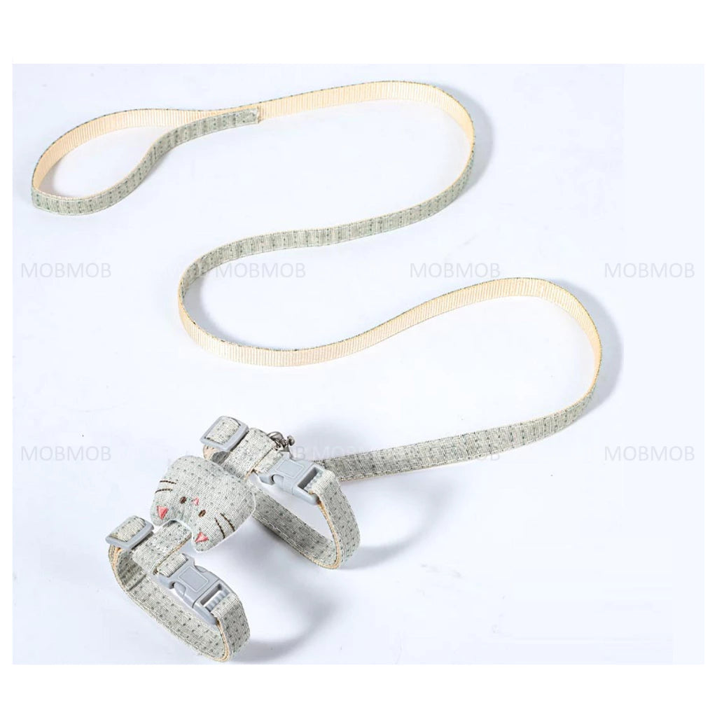 Cat harness and leash set with treat pocket. Cat-training-harness-leash-pocket-cotton-linen-across neck-across chest-clips