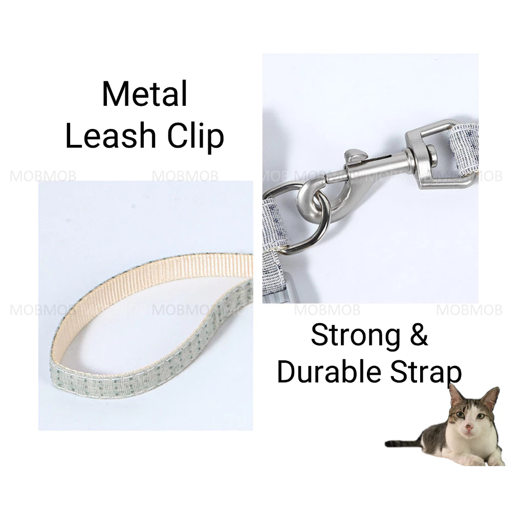 Cat harness and leash set with treat pocket. Cat-training-harness-leash-pocket-cotton-linen-across neck-across chest-clips