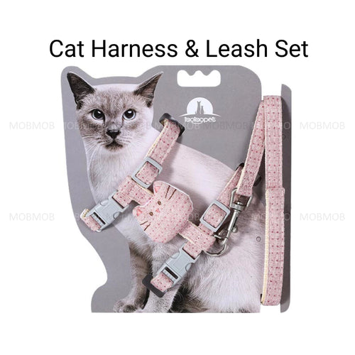Cat harness and leash set with treat pocket. Cat-training-harness-leash-pocket-cotton-linen-across neck-across chest-clips