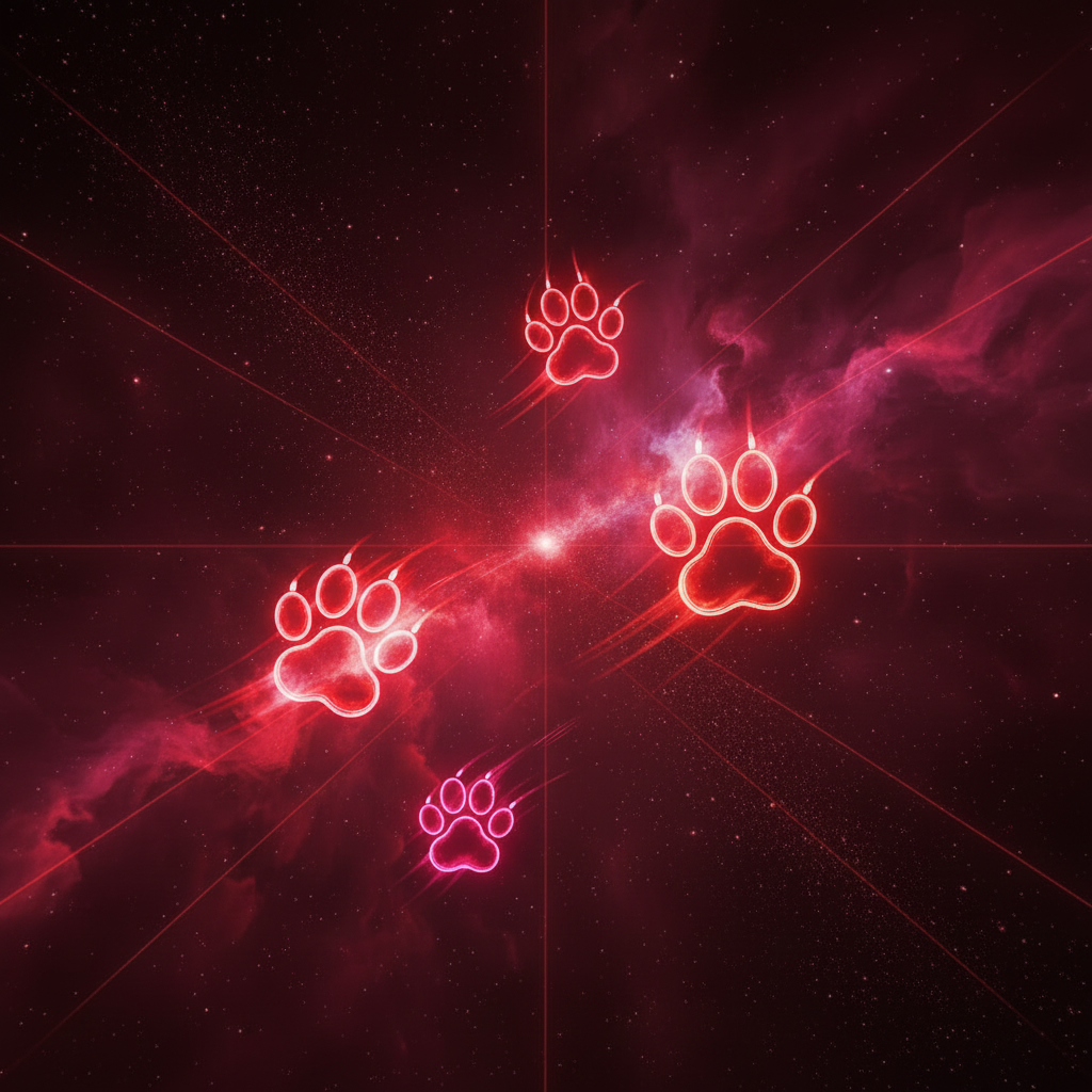 Neon paw prints on a red nebula background