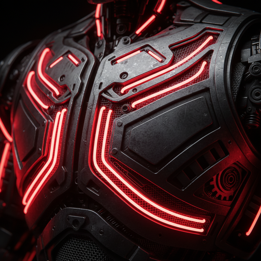 Close-up of a mechanical object with red neon lights on a dark background